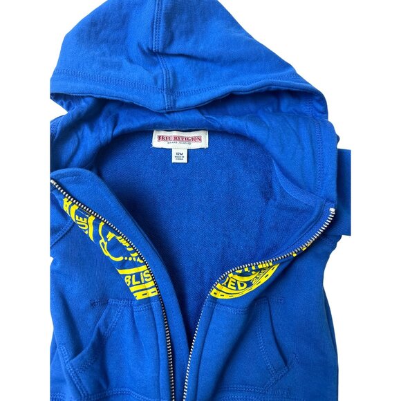 True Religion Baby Hoodie Blue Zip-Up Sweatshirt With Yellow Logo Size 12M- New - Picture 3 of 6